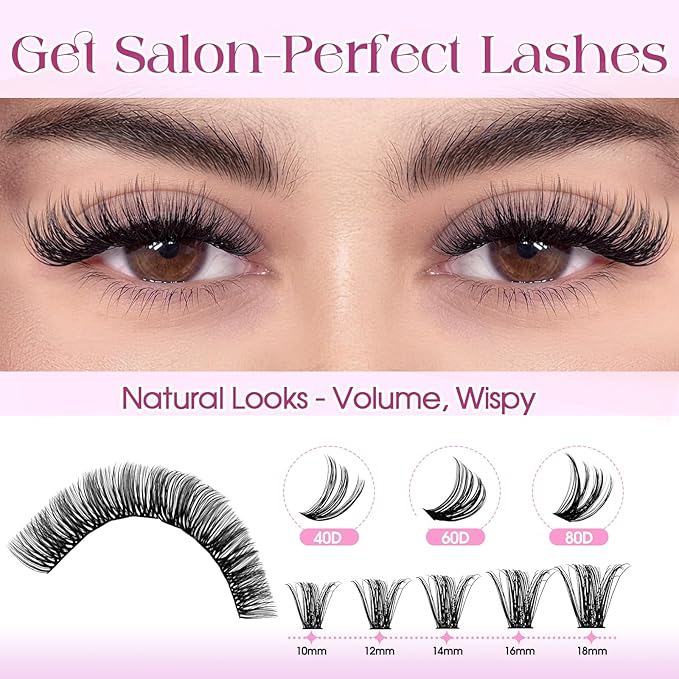 Natural Lash Clusters Kit Packs: Wendy, 1078Pcs, 40D, 60D, 60D, 80D, D Curl, 10-18mm Mixed, Soft, Cat Eye, DIY Eyelash, Individual, Fake Lashes, Bulk Pack