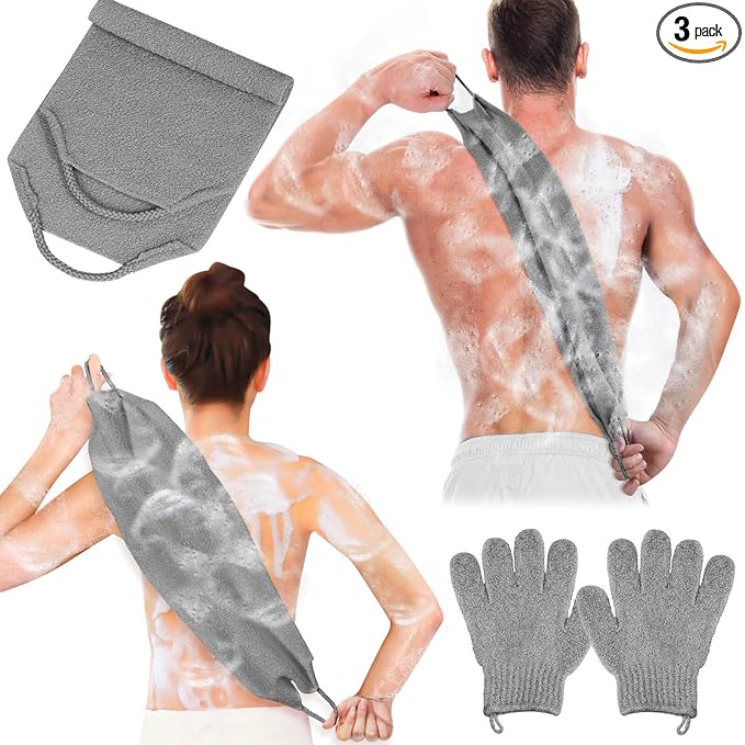 Anezus Exfoliating Back Scrubber Bath Gloves Set, Exfoliating Shower Towel with Shower Gloves for Body Scrub, Back Cleaner Wash Gloves to Remove Dead Skin (Grey)