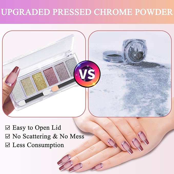 Gold Silver Chrome Nail Powder, DRMODE 6 Colors Metallic Mirror Effect Pink Light Purple Champagne Chrome Powder for Nails, Unicorn Iridescent Holographic Pigment Dust for Nail Art