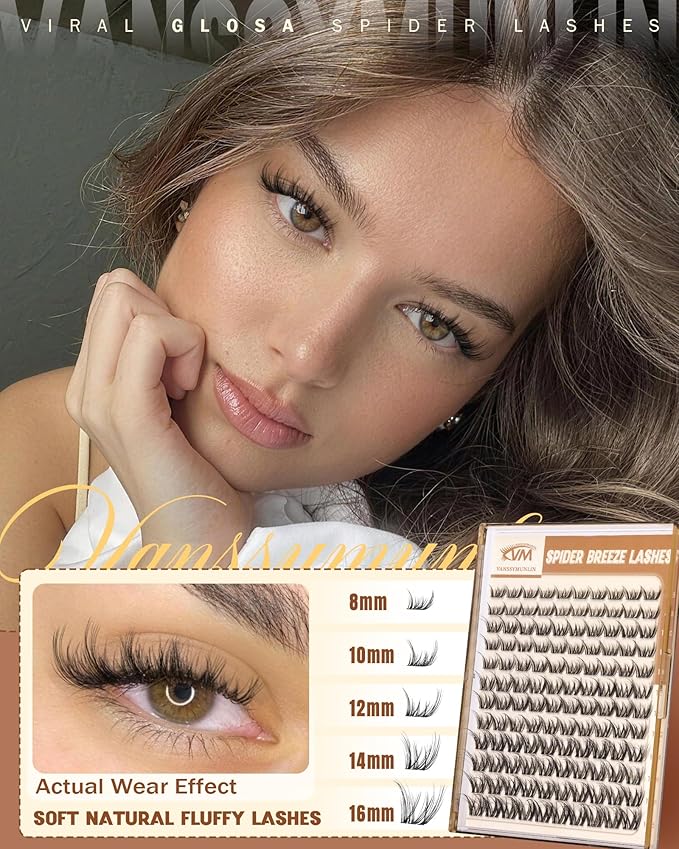 Spider Glosa Lash Clusters, Wispy Fluffy Eyelash Clusters Natural DD Curly Lashes Cluster 8-16mm Cluster Eyelash Extensions Reusable Eye Lash Clusters with Invisible Band for DIY at Home Vanssymunlin