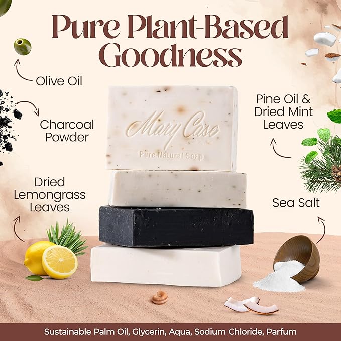 Mary Case Variety Bar Soap Set of 4 | Charcoal, Pine Tar, Sea Salt & Lemon | Natural Soap with Olive & Coconut Oils | Vegan Bath Soap for Men & Women | Hydrating & Nourishing Skin