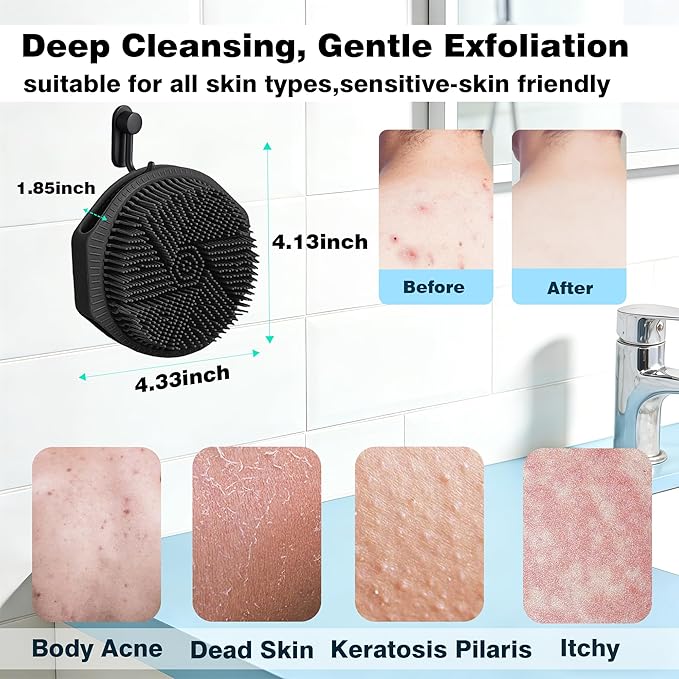 Silicone Body Scrubber for Men Women, Dual-Sided Bath Brushes Gentle Exfoliating Body Scrubber Scalp Massager for Deep Cleansing, Soft Silicone Loofah Body Washing Brushes (Black+Pink)