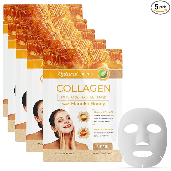 Natural Chemist Collagen & Manuka Honey Sheet Face Mask - Anti-Aging, Hydrating, Skin Firming, Reduces Fine Lines, Dermatologist Tested, Cruelty Free Korean Skin Care For All Skin Types - 5 Masks