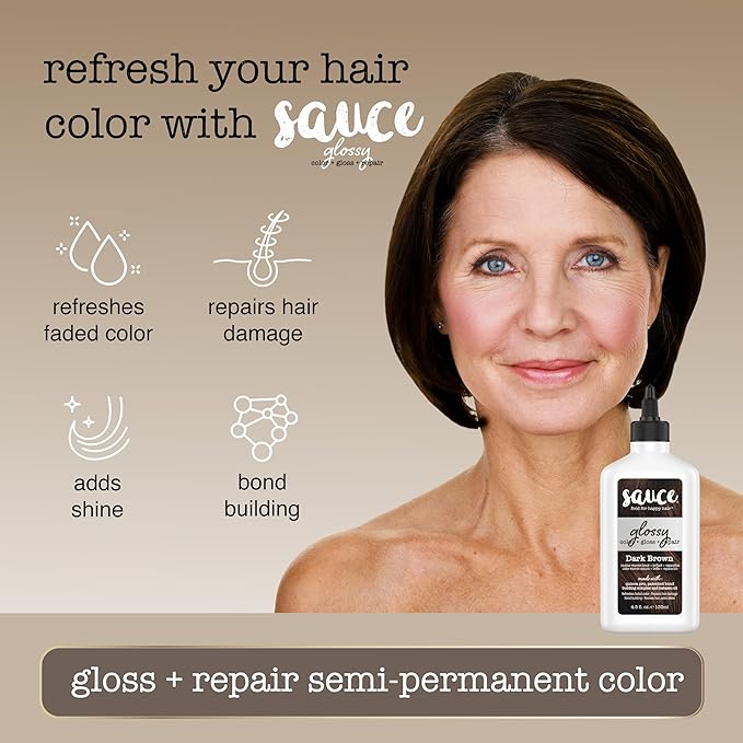 Sauce Beauty Glossy Color + Gloss + Repair, Dark Brown, Semi Permanent Hair Dye with Bond-Building and Color-Fade Protection Technology, Adds Shine & Deep Moisture, Lasts 4-8 Weeks, Stops Fade