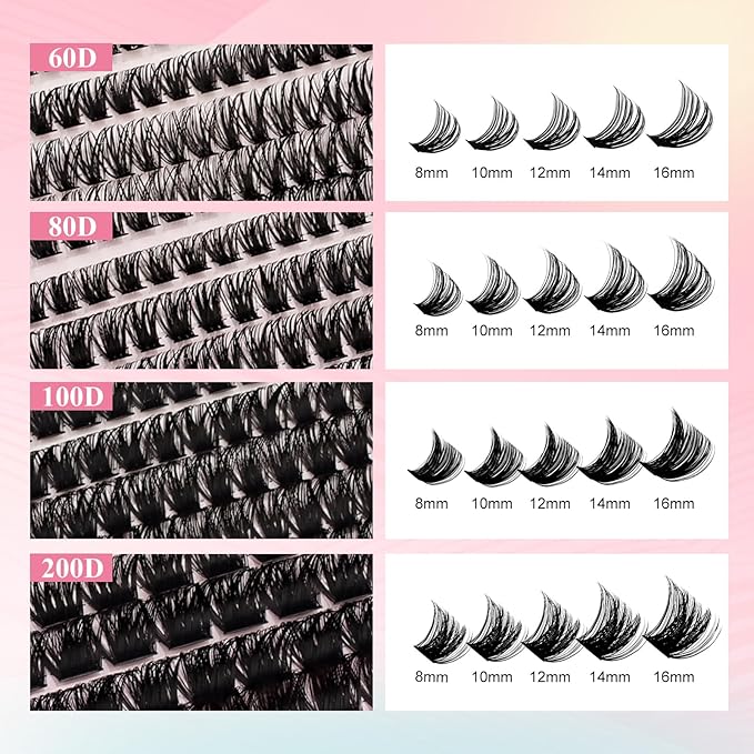 GEMERRY Lash Clusters Kit 4 Style Clusters Eyelash Extensions False Eyelashes Wispy Natural Lashes Fluffy Individual Lashes with Bond and Seal and Tweezers (60D 80D 100D 200D, 8-16mm)