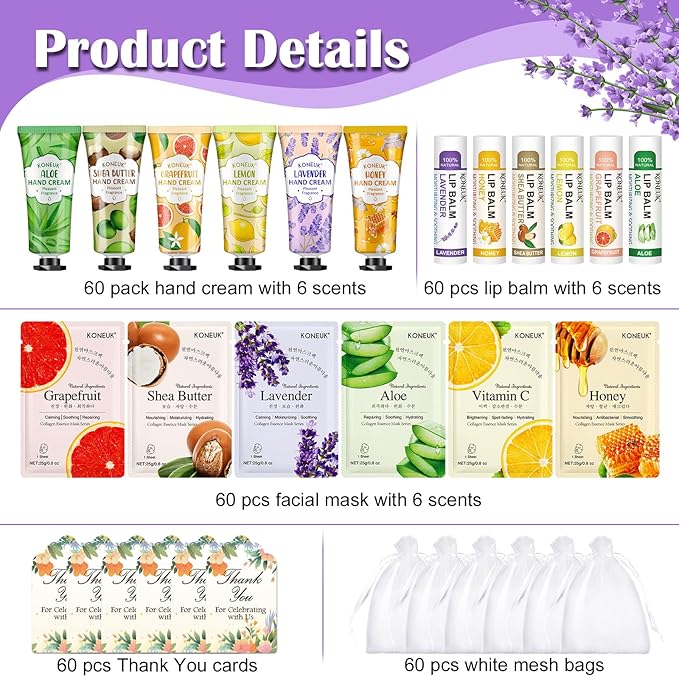 KONEUK 60 Pack Bulk Lip Balm, Facial Mask and Hand Cream Sets, Mothers Day Gifts and Bridesmaid Gifts for Guests, Birthday Gifts, Teacher Appreciation Gifts, Nurse Gifts and Bulk Small Gifts