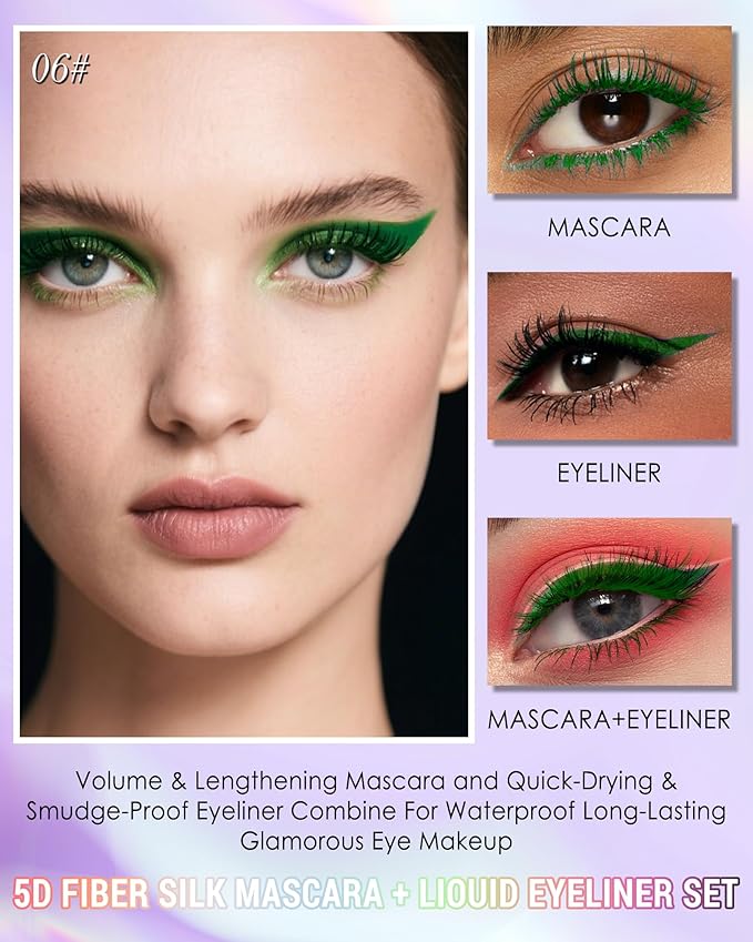 Green Mascara Liquid Eyeliner Set, Update Longlasting Waterproof Color Eye Liner Pen, 5D Silk Fiber Colored Mascara Volume and Length,St. Patrick's Day Party Stage Makeup Gift Kit for Women Girl-06