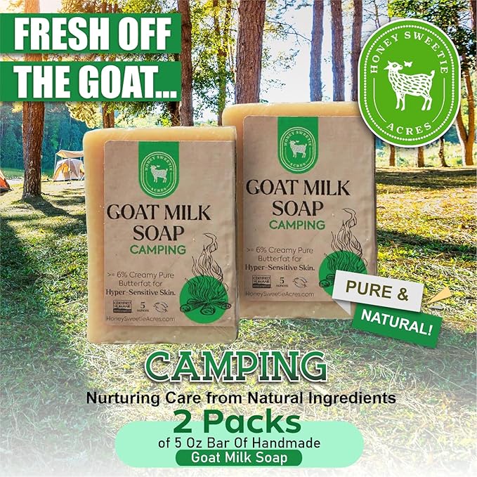 Honey Sweetie Acres 2-Pack Camping Goat Milk Soap - Handmade 5 oz Bar, Made with Natural Ingredients, Moisturizing & Gentle, Made in the USA
