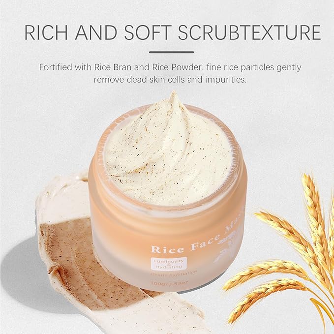 Rice Face Mask, Gentle Exfoliating Wash Off Facial Mask for Dull, Rough Skin, Pore Clearing, Remove Dead Skin Cells for All Skin Types 3.53 Fl Oz
