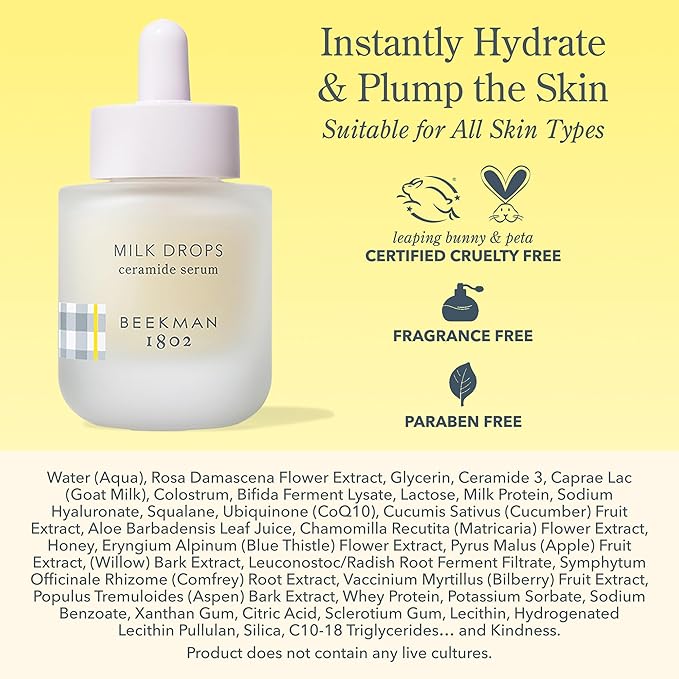 Beekman 1802 Milk Drops Ceramide Face Serum – Hydrating Barrier Serum with Goat Milk, Ceramides, Squalane & Hyaluronic Acid – Lightweight, Fragrance Free – For Oily & Acne-Prone Skin – 1 fl oz
