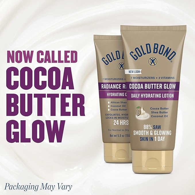 Gold Bond Cocoa Butter Glow Daily Hydrating Lotion with Shea Butter, Cocoa Butter & Coconut Oil, Exfoliating Moisturizer for Dry Skin, 5.5 oz. (Pack of 2)