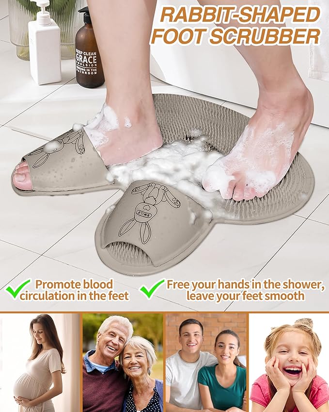 Manmihealth Upgrade Shower Foot Scrubber Mat with Non-Slip Suction Cups, Rabbit-Shaped Silicone Foot Scrubber in Shower for Men & Women (Khaki)