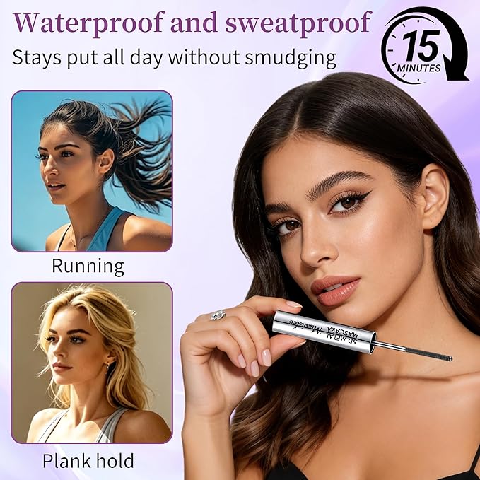 Iron Wand Mascara with Metal Wand, Long Lasting Waterproof Mascara, Black - Volumizing & Lengthening - 5D Curling - Smudge Proof - Washable Mascara for Dramatic Volume & Length