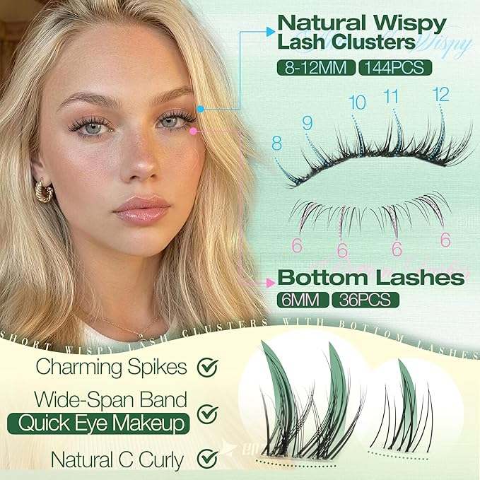 Natural Lash Clusters 8-12MM Eyelash Clusters Short Cluster Lashes with Bottom Lashes Manga Individual Lashes C Curly DIY Clear Band Lash Extension for Clean Girl Makeup by Lvmixwig