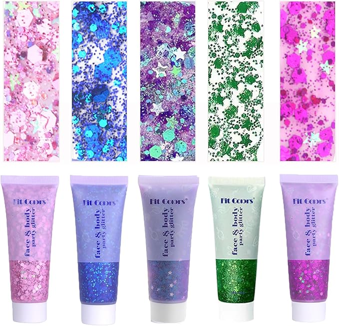 Face Body Glitter, Hair Glitter Sparkles Chunky Face Glitter Gel for Girls Makeup Singer Concerts Mermaid Festival Sequins Face Paint(Pink+Blue+Purple+Green+Rose)