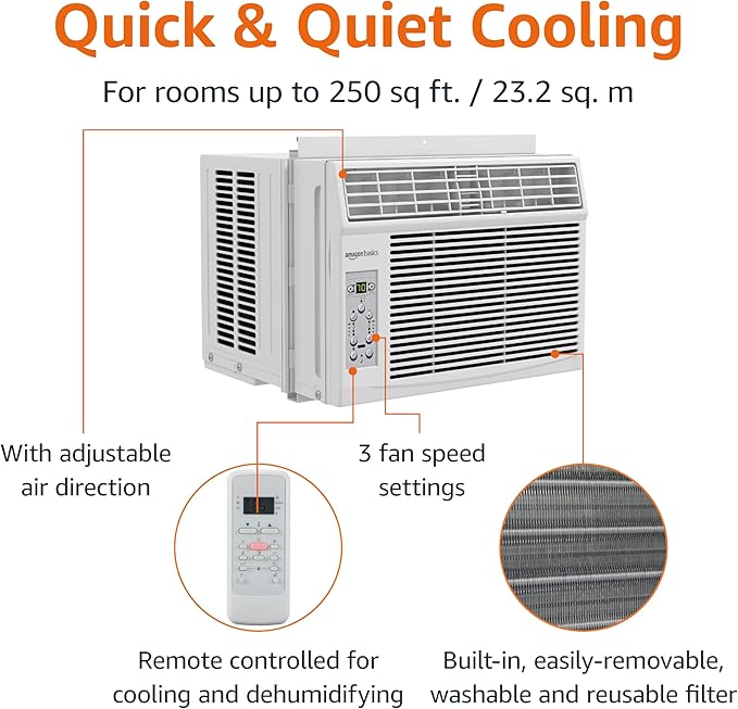 Amazon Basics 6000-BTU Window Air Conditioner with Quiet Operation, Up to 250 Sqf, Cool and Fan Functions, Washable Filter, Adjustable Window Kit, Digital Temperature Display, Remote Control, White