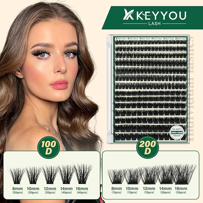 KEYYOU Lash Clusters 3D Effect Eyelash Clusters 231pcs Individual Lashes Wispy Lashes Volume Cluster Lashes Natural Soft DIY Lash Extension(3D-100D200D-D-8-16MIX)