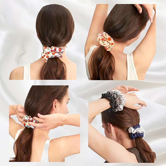SALE 100% Pure Mulberry Silk Hair Scrunchies16 Momme silk scrunchies 100% Silk Hair Scrunchies Silk Hair Ties for Women Girls Curly Thick Thin Hair Women's Black Satin Sleep (1, 13 cherry)