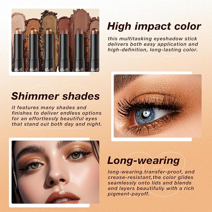 LANGMANNI 6Colors Dual-Ended Cream Eyeshadow Stick Set – Silky Smooth, Waterproof & Transfer-Proof, Built-in Blender Brush, All-Day Matte & Shimmer Wear Eye Makeup(#1+3+7+8+9+10)