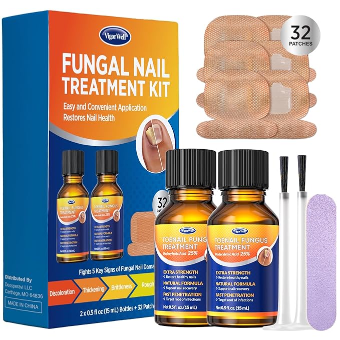 Toenail Treatment Extra Strength: Dual Action Nail Repair Kit for Thick, Brittle or Discolored Nails - 30 ml Nail Repair Gel with 25% Undecylenic Acid - (Medium) 32 Nail Patches