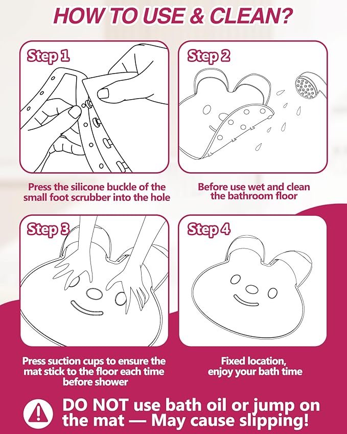 Manmihealth Extra-Large Shower Foot Scrubber Mat with Non-Slip Suction Cups, Rabbit-Shaped Silicone Foot Scrubber in Shower for Men & Women (Pink)