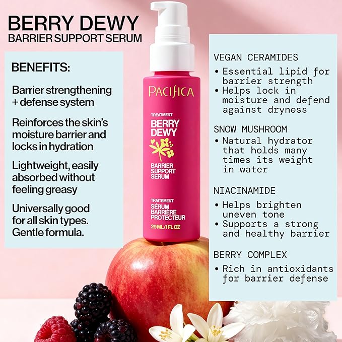 Pacifica Berry Dewy Barrier Support Serum, Ceramide and Niacinamide Face Serum, Snow Mushroom and Berry Complex, Lightweight Gel Texture, Non-Comedogenic, Vegan and Cruelty-Free