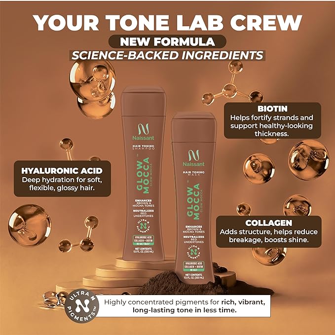 Naissant Glow Mocca Hair Toning Shampoo |High-Purity Pigments |Neutralizes Red &Orange Undertones |For Brown &Mocha Hair |Hyaluronic Acid, Collagen &Biotin | Paraben, Ammonia &Sulfate Free |10.1 Fl.Oz