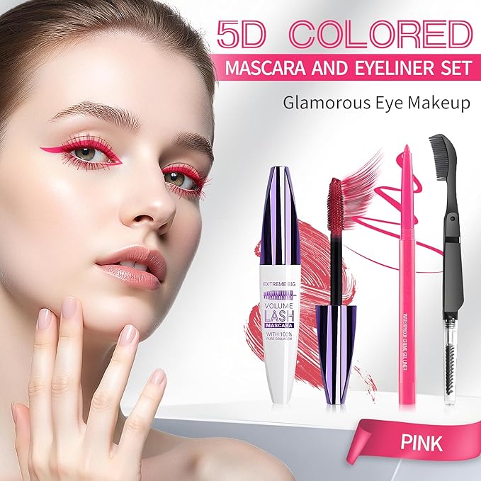 Pink Mascara and Eyeliner Set,5D Colored Mascara Volume and Length Waterproof,Natural Curling rimel de pestañas,Suitable for Women Eye Makeup