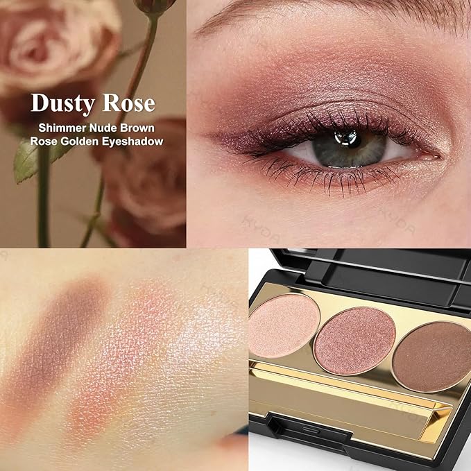 KYDA 3 Colors Eyeshadow Plaette, Shimmer Rose Golden Brown Eyeshadow, Pearl Champagne Eyes Shadow, Lasting High Pigmented Warm Rosy Eye Shadow, Mini Eyes Glitter Makeup Pallet for All Skin
