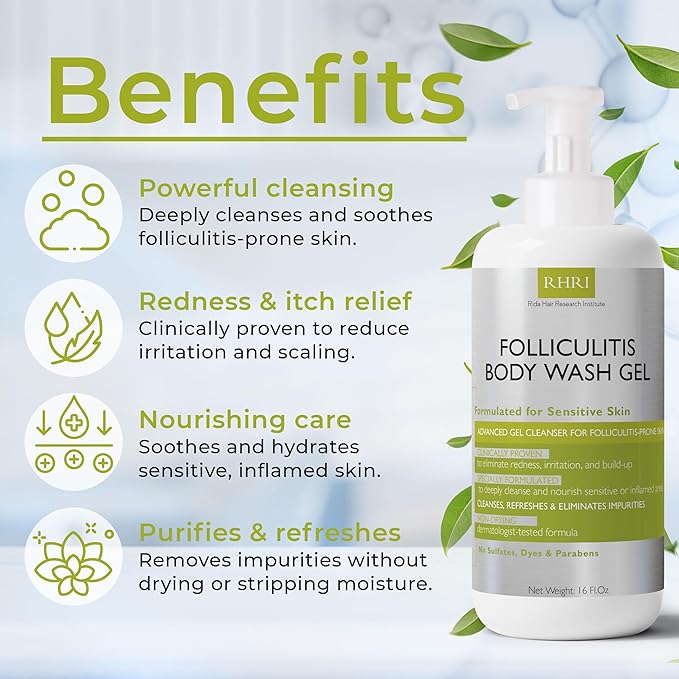 Folliculitis Treatment Folliculitis Body Wash Sensitive Skin | Gel Cleanser for Redness & Irritation with No Sulfates, Dyes or Parabens | Body Wash Includes Bonus Scrubber Brush