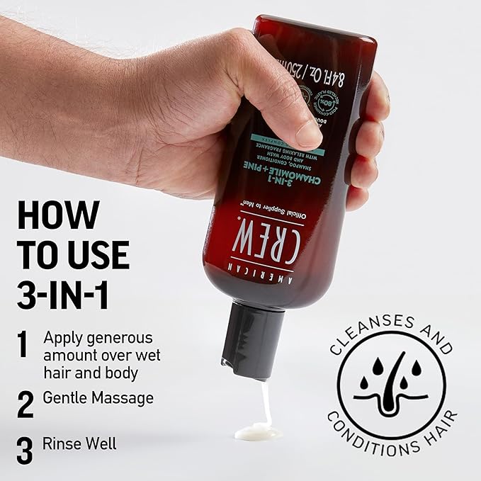 AMERICAN CREW 3-in-1 Chamomile & Pine, Shampoo, Conditioner & Body Wash for Men, All-in-One Care with Calming and Relaxing Fragrance, 8.4 fl oz