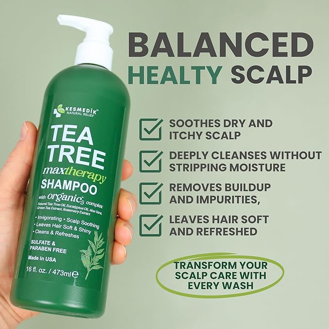 KESMEDIK Tea Tree Oil Shampoo MaxTherapy, Clarifying Deep Clean for Buildup, Dandruff & Cools Refreshes Itchy Scalp, Sulfate-Free for Oily Hair, Women & Men, 16 fl oz