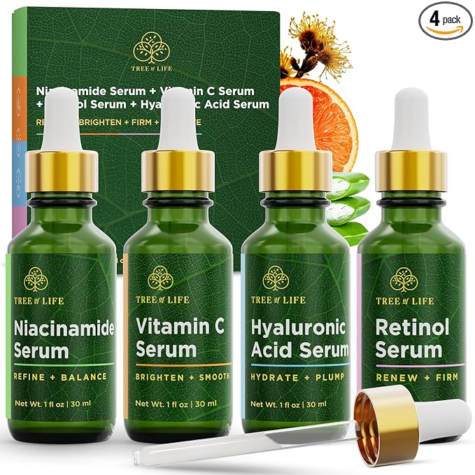 Tree of Life Beauty Facial Skin Care Set, Brightening, Firming & Hydrating Face Serums for Sensitive Skin - Niacinamide, Vitamin C, Retinol & Hyaluronic Acid, Dermatologist Tested, 1 Fl Oz (Pack of 4)
