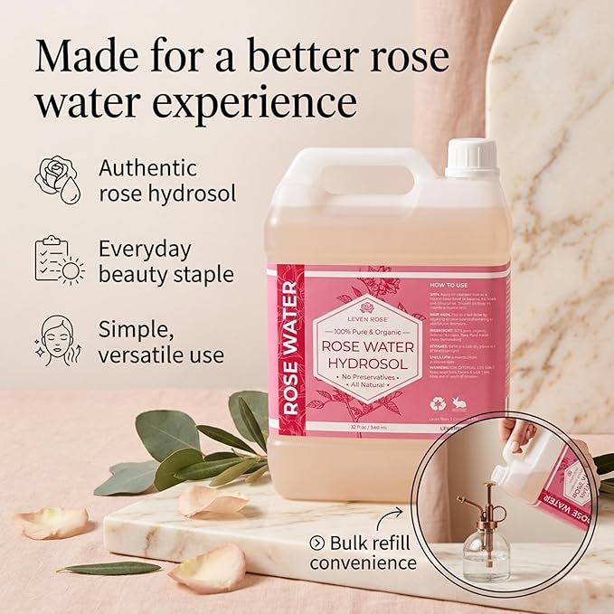 Leven Rose Pure Rose Water Hydrosol for Face & Hair, 32 oz Bulk Refill, Hydrating Rosewater Toner, Facial Mist Refill for Skin Care and Hair Care