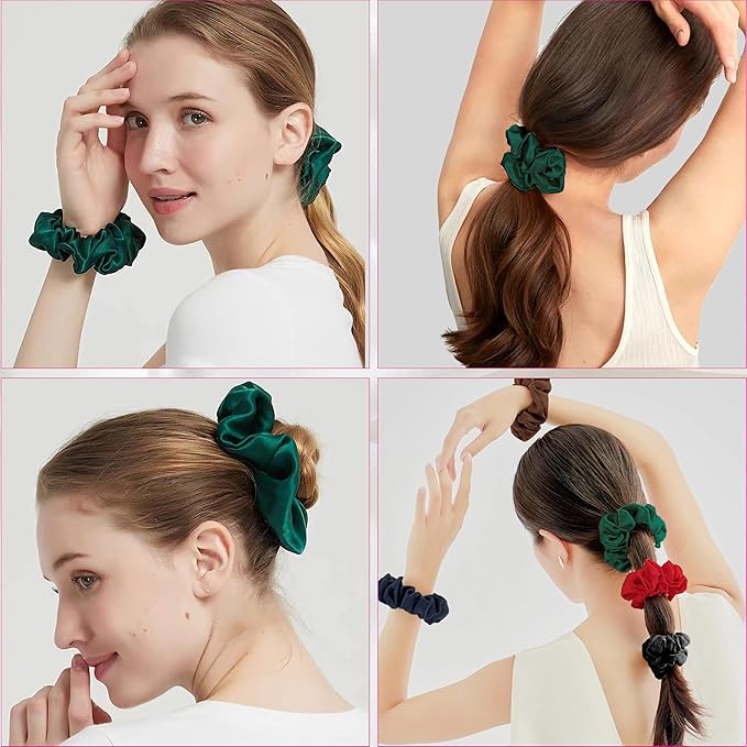 100% Pure Mulberry Silk Hair Scrunchies, 16 Momme Silk Scrunchies, Silk Hair Ties for Women Girls Curly Thick Thin Hair, Black Satin Sleep (4, 07 green)