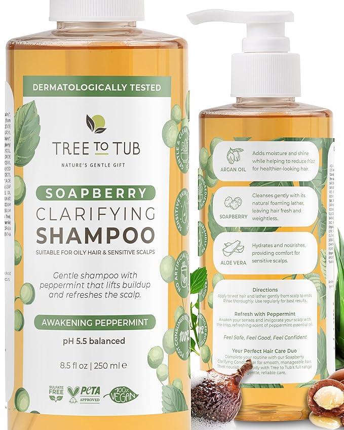 Tree To Tub Peppermint Shampoo for Oily Hair & Sensitive Scalp - Gentle Clarifying Shampoo for Build Up, Sulfate Free Anti Residue Hair Shampoo for Women & Men w/Organic Argan Oil, Natural Aloe Vera