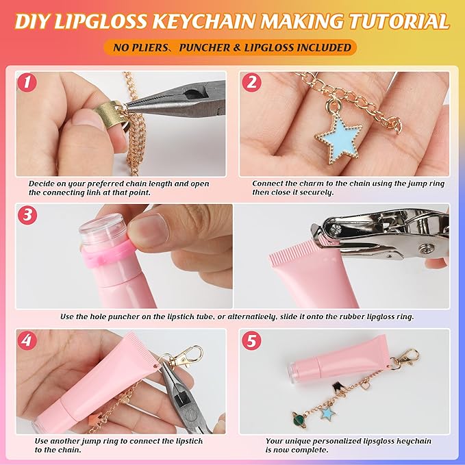 Starry 158 Pcs Lip Gloss Keychain Making Kit 30 Charms 6.56 ft Gold Chains Rubber Lipgloss Ring Keychain Clips for DIY Crafts Women