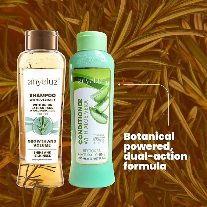 ANYELUZ Rosemary Shampoo and Aloe Conditioner Set, Volume and Hydration for your Hair, with Hyaluronic, Argan Oil and Rosemary, Moisturizes and Enhances Shine