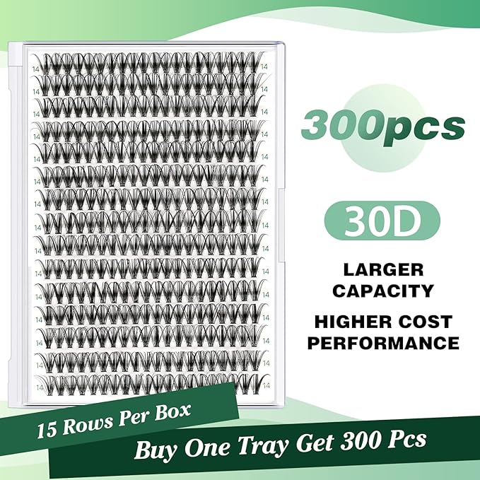 KEYYOU Lash Clusters 300pcs Individual Lashes, 30D 0.07D Curl 14mm DIY Eyelash Extension, Soft & Natural Volume Cluster Lashes with Large Tray