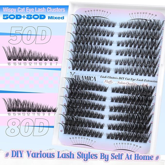Yawamica Lash Extension Kit 50D 80D Cat Eye Lashes Clusters Kit 7-16mm Wispy Cluster Eyelash Extensions Kit D Curly Eyelash Clusters 240pcs Individual Lashes with Bond and Seal Lash Tweezers DIY Lash