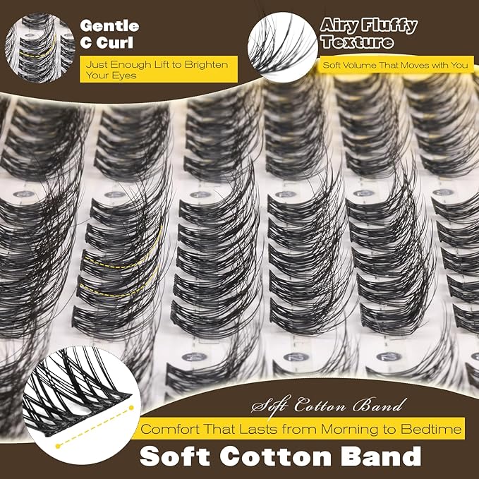 Lash Clusters Kit Natural Eyelash Clusters Kit with Cotton Band 10-16mm C Curly Wispy Cluster Eyelash Extensions Natural Fluffy Cluster Lashes for Beginners with Bond & Seal and Tweezers