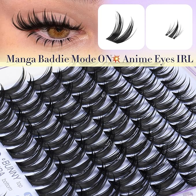 TOOCHUNAG Bunny Lash Clusters 10-16mm Natural Manga Eyelash Clusters Fairy Cluster Lashes with 6-7mm Bottom Lashes Camera-Ready Cluster Eyelash Extensions with Clear Band
