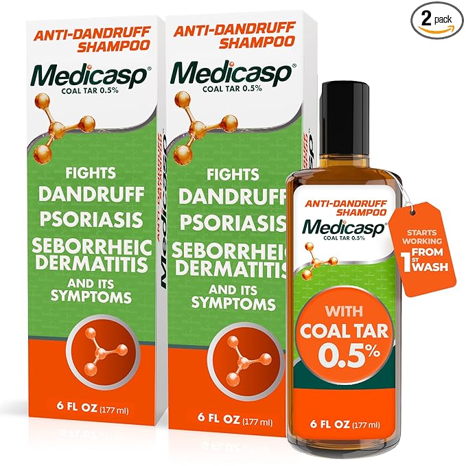 Medicasp Coal Tar Anti-Dandruff Shampoo, Alleviates Symptoms from 1st Wash, Treats Psoriasis, Seborrheic Dermatitis & Itchy Dry Scalp, Fights the Root Cause of Dandruff, Flakes Shampoo, 6 fl oz-2 Pack