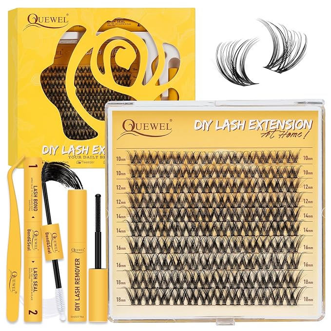 QUEWEL DIY Lash Extension Kit, Wispy Lash Clusters Kit D 10-16mm Lash Clusters Natural Look Super Thin Band Cluster Lashes Kit 120 PCS with Lash Bond and Seal and Lash Tweezers(Feather 03 Kit)