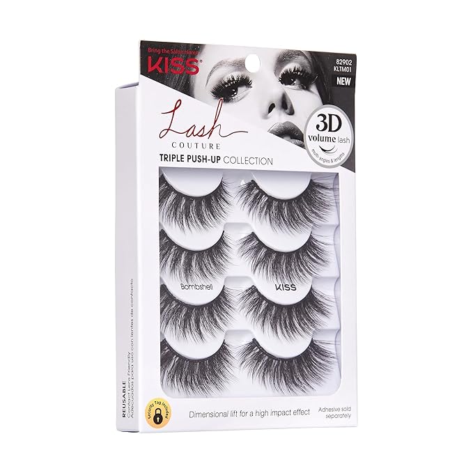 KISS Triple Push-Up, False Eyelashes, 'Bombshell', 14mm, Includes 4 Pairs Of Lashes, Easy to Apply, Reusable Lash Clusters (Pack of 2)