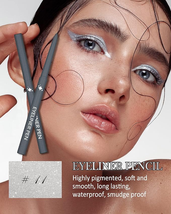 Glitter Silver Eyeliner Pencil, Glitter Gel Eyeliner Pencils, Waterproof Smudge Proof Long-Lasting Metallic Waterline Eye Liner, Precision Retractable Shine Pen for Mature Women Girls Eye Makeup- #11
