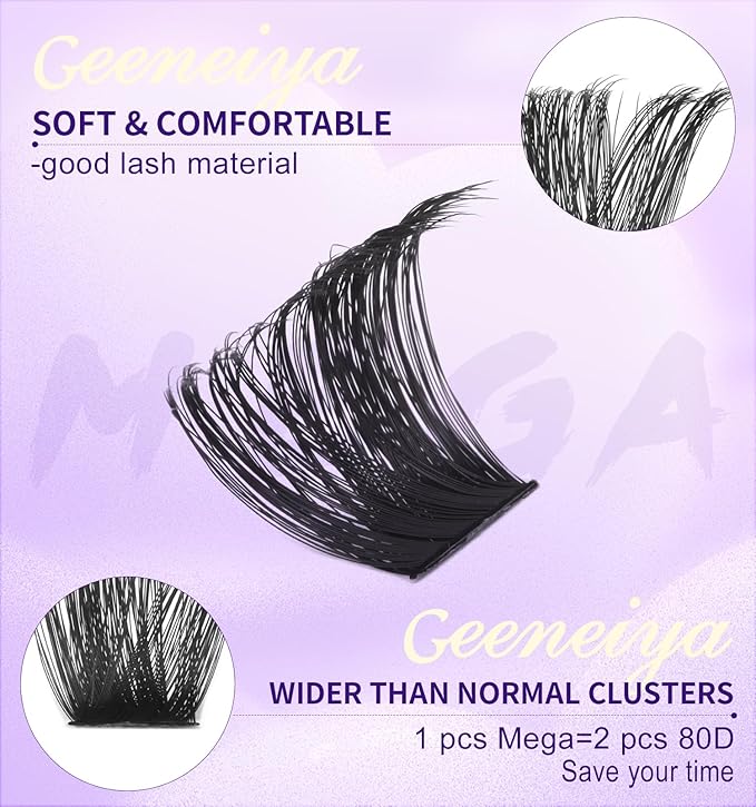 Geeneiya 200D Mega Lash Clusters Volume Eyelash Clusters D Curvature Cluster Eyelash Extensions, 14-16-18MM Mega Lashes