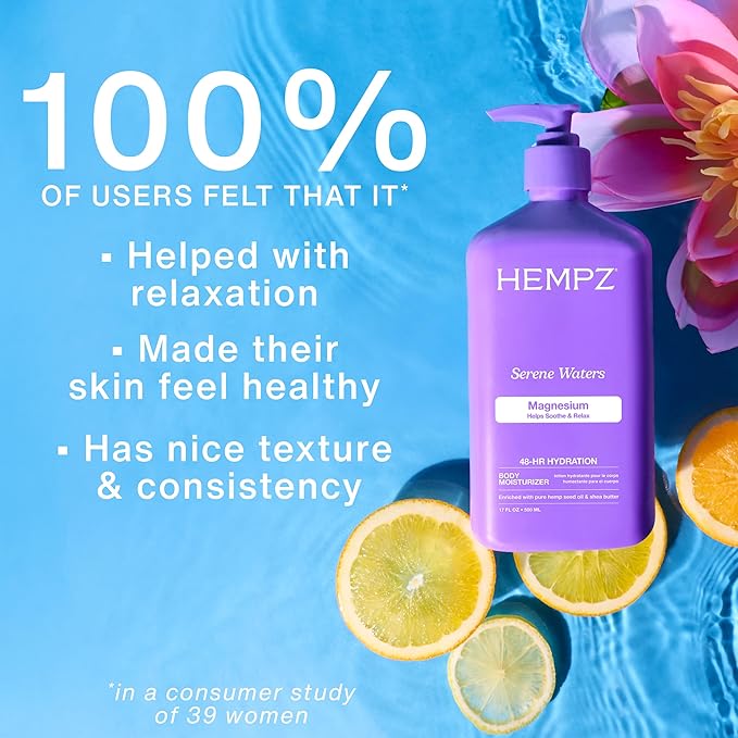 Hempz Magnesium Body Lotion for Sleep & Relaxation, Hydrating Lotion with Arnica, Electrolytes & Shea Butter, Calming Nighttime Moisturizer for Muscle Relief & Soft Skin, Serene Waters Scent, 17 oz