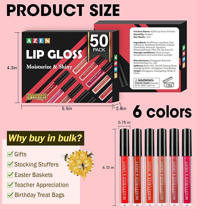 AZEN 50 Pack Lip Gloss Bulk Set, Shimmery Lip Gloss for Women and Girls With Rich Varied Colorsc