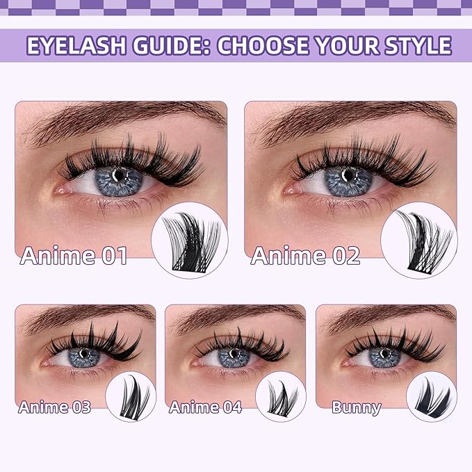 B&Q Manga Lash Clusters Kit DIY Eyelash Clusters at Home with 72H Waterproof Bond and Seal 0.05mm Ultra-Thin Band Wispy Spiky Anime Lashes for Daily & Party, 8-18mm Lash Extensions(KIT-Anime 01)